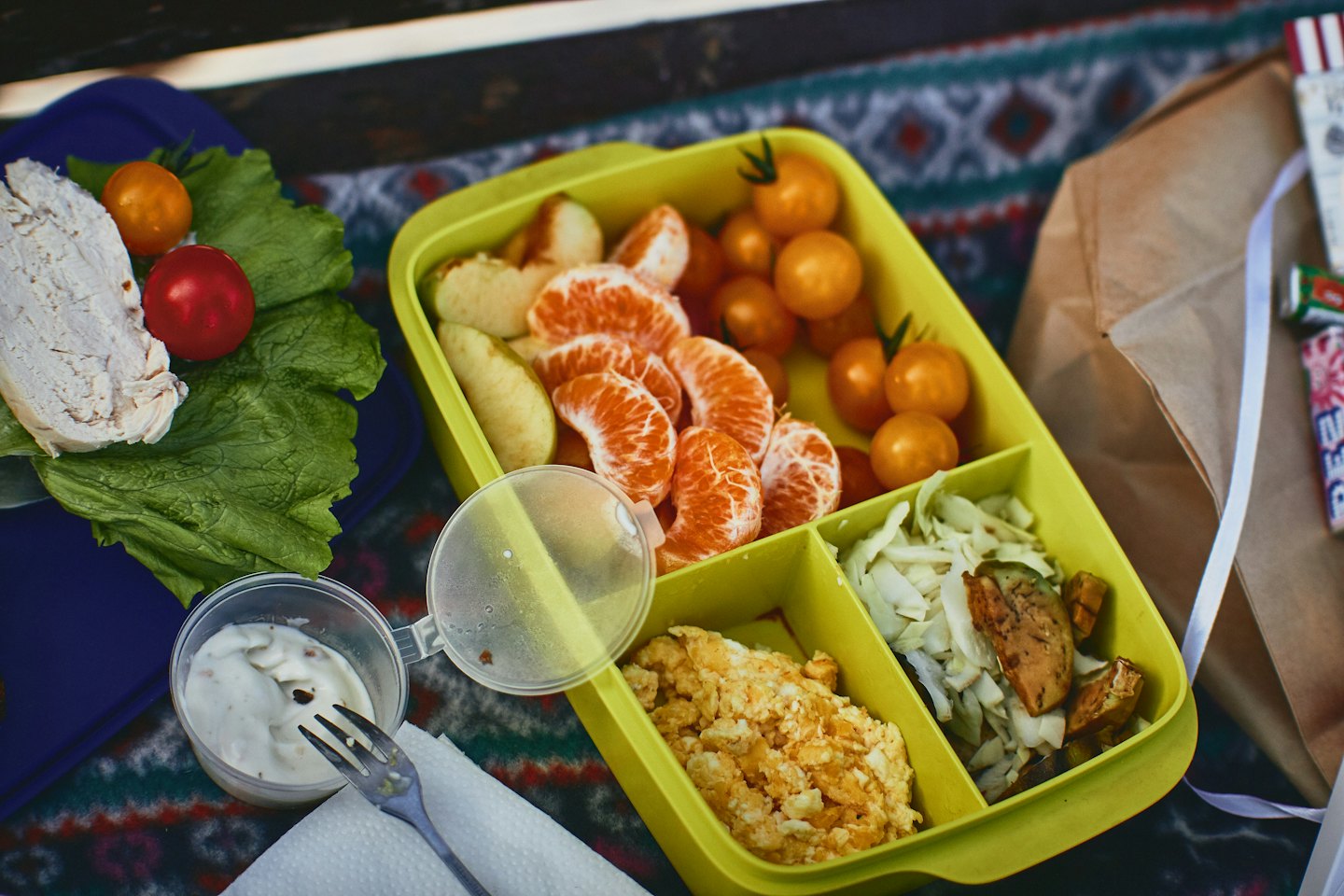 Na kocu piknikowym leży kilka zapakowanych pojemników na lunch.